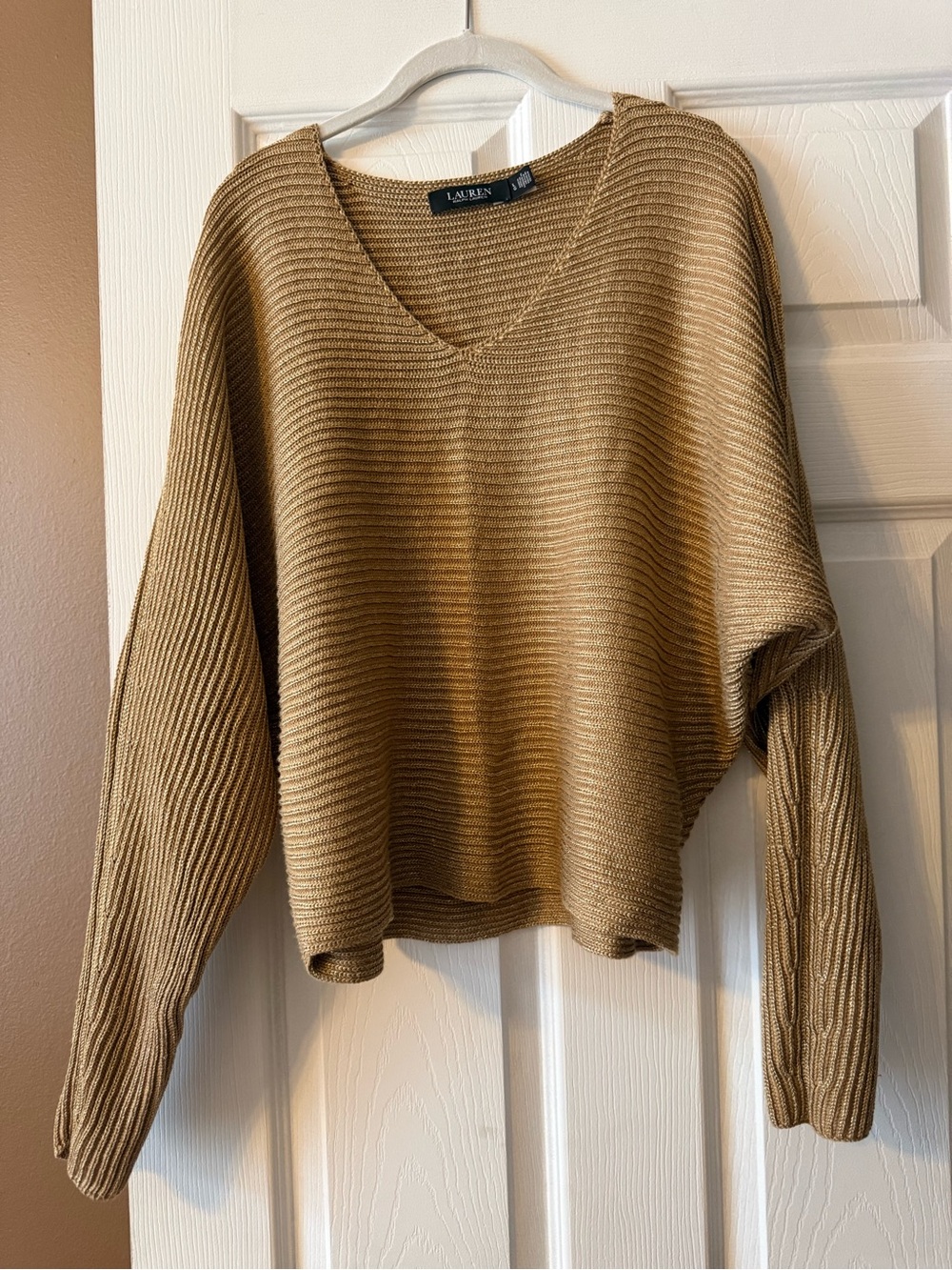 Lauren Ralph Lauren Tan Gold Ribbed Knit V-Neck Dolman Sleeve Sweater NWOT